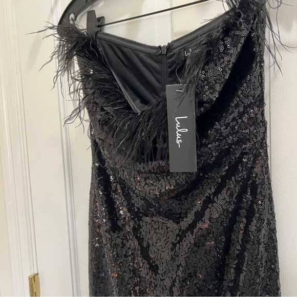 Lulus Total Head-Turner Black Sequin Feather Strapless Maxi Dress - Picture 7 of 7